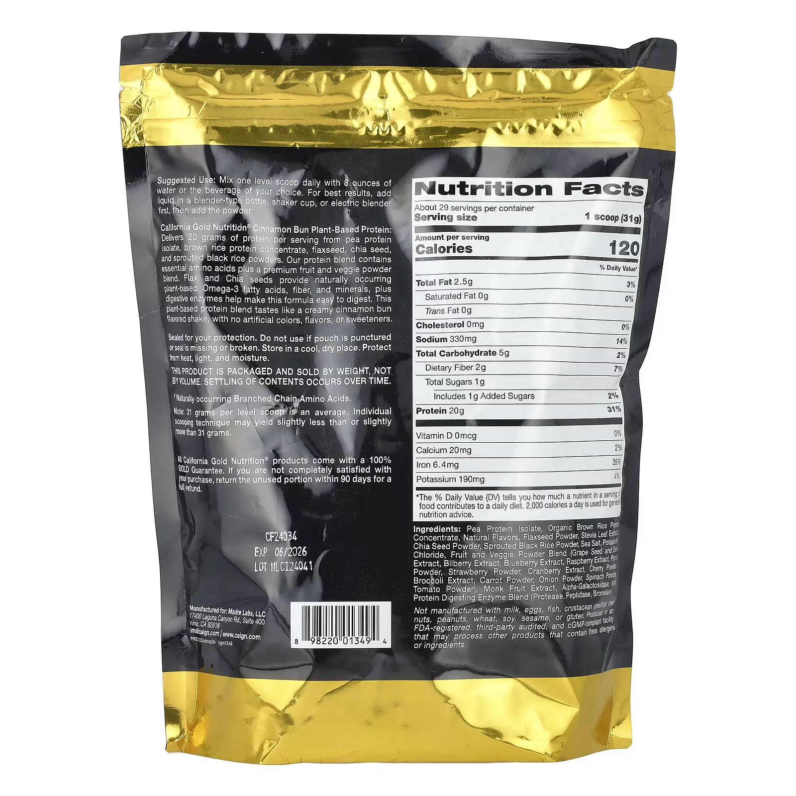 Веганский протеиновый коктейль Plant-Based Protein,California Gold Nutrition, Порошок 907 г